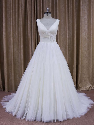 Affordable Court Train Tulle with Flower(s) Ivory V-neck Wedding Dresses #Milly00021868