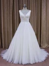 Ball Gown V-neck Tulle Court Train Wedding Dresses With Flower(s) #Milly00021868