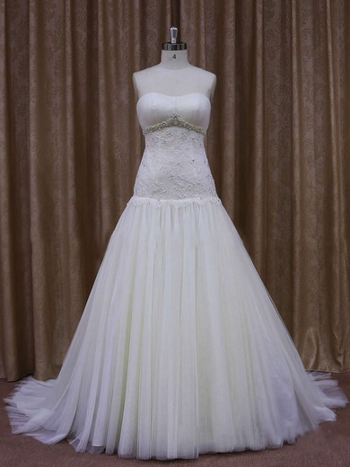 Inexpensive Ivory Court Train Tulle Appliques Lace Sweetheart Wedding Dresses #Milly00021873