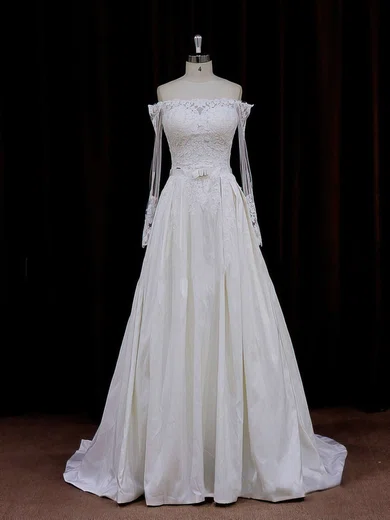 Ball Gown/Princess Off-the-shoulder Taffeta Sweep Train Wedding Dresses With Appliques Lace #Milly00021883