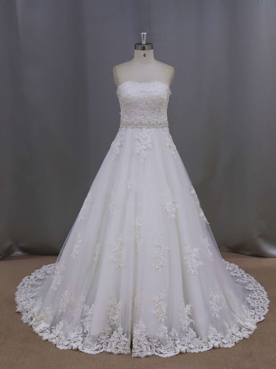 Ivory Court Train Tulle Appliques Lace Wholesale Sweetheart Wedding Dresses #Milly00021886