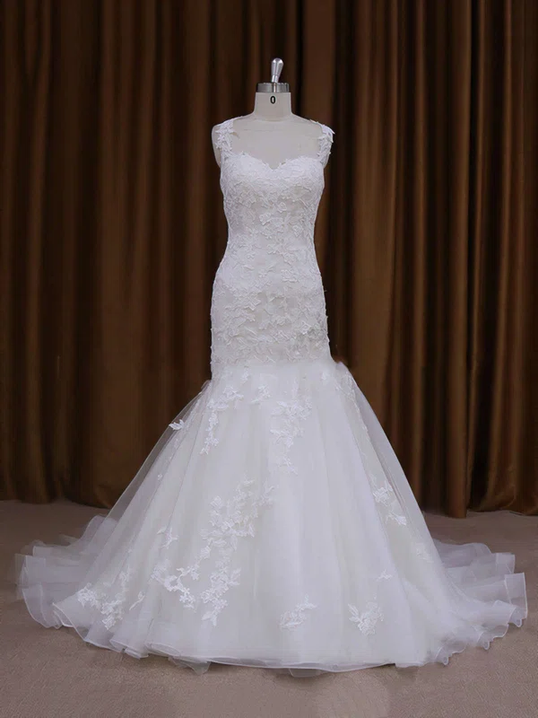 Trumpet/Mermaid Sweetheart Tulle Court Train Wedding Dresses With Appliques Lace #Milly00021920