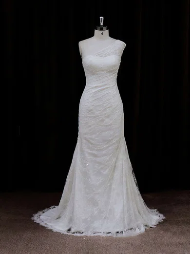 Trumpet/Mermaid One Shoulder Tulle Sweep Train Wedding Dresses With Appliques Lace #Milly00021940