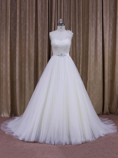 Elegant One Shoulder White Tulle Sashes/Ribbons Ball Gown Wedding Dress #Milly00021956