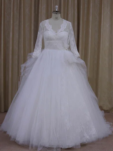 Ball Gown/Princess V-neck Tulle Sweep Train Wedding Dresses With Appliques Lace #Milly00021982