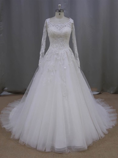 Scoop Neck Ivory Tulle Beading Long Sleeve Appliques Lace Wedding Dress #Milly00021996