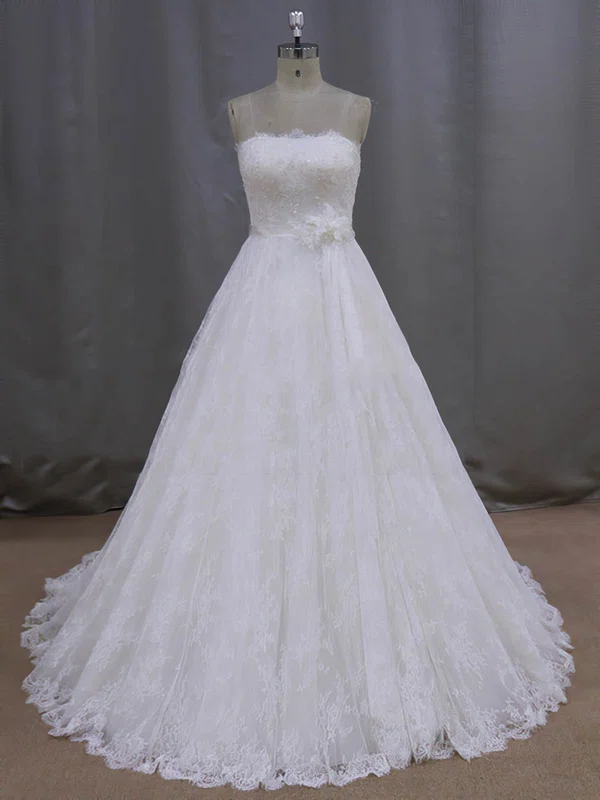 Ball Gown Straight Lace Sweep Train Wedding Dresses With Sashes / Ribbons #Milly00021997