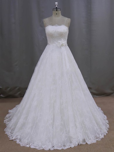 Ivory Strapless Lace Sashes / Ribbons Lace-up Court Train Wedding Dresses #Milly00021997