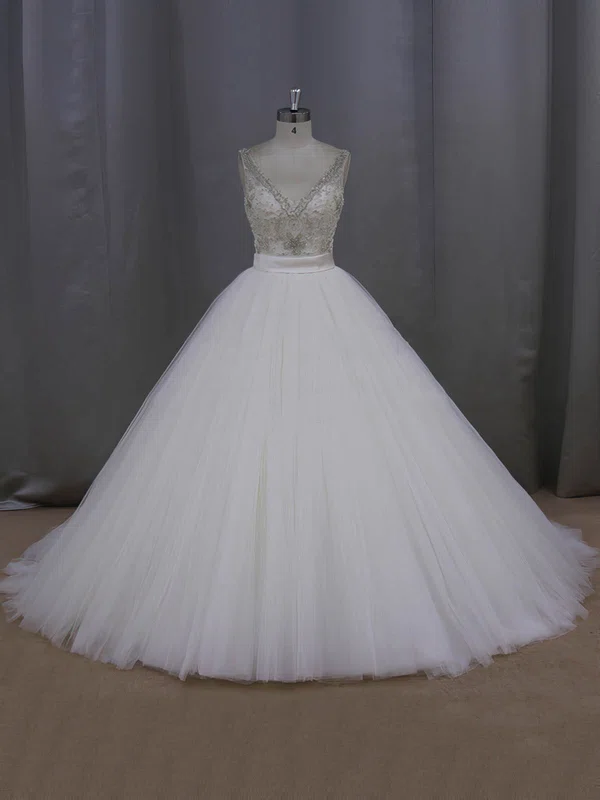 Ball Gown Ivory Tulle Sashes / Ribbons Open Back V-neck Wedding Dress #Milly00021998