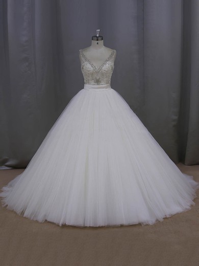 Ball Gown Ivory Tulle Sashes / Ribbons Open Back V-neck Wedding Dress #Milly00021998