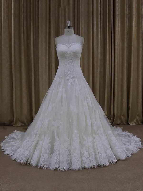 Ball Gown Sweetheart Tulle Chapel Train Wedding Dresses With Appliques Lace #Milly00022000