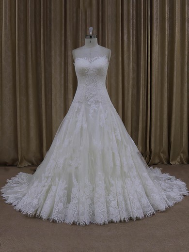 Ivory A-line Tulle Sweetheart Lace-up Appliques Lace Wedding Dress #Milly00022000