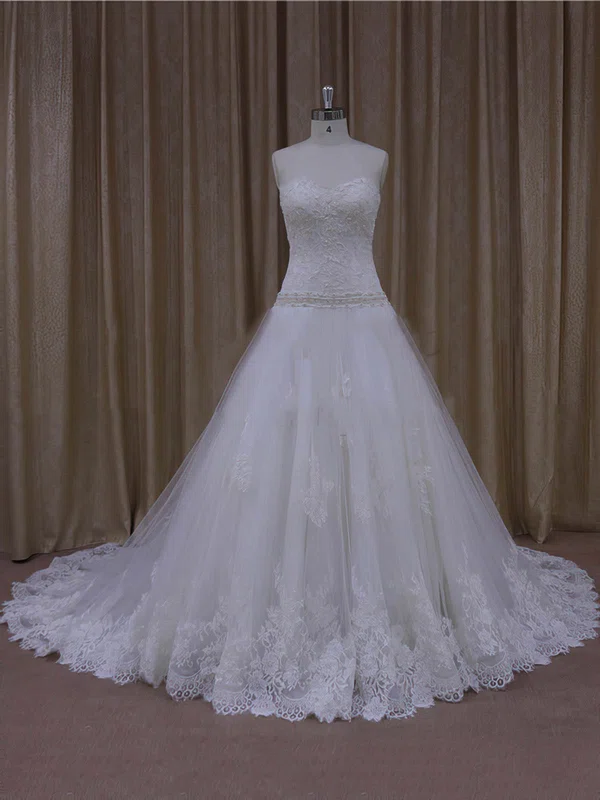 Ball Gown Sweetheart Tulle Court Train Wedding Dresses With Appliques Lace #Milly00022001