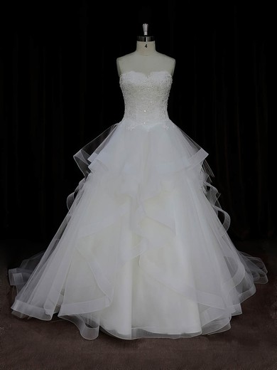 Ivory Tulle Appliques Lace Sweetheart Ball Gown Discount Wedding Dresses #Milly00022005