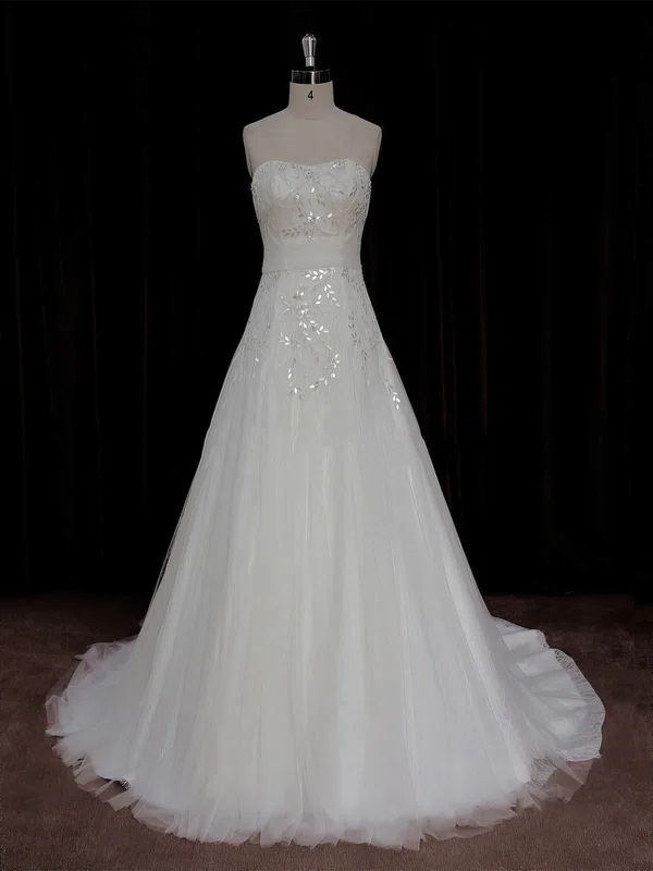 A-line Straight Tulle Sweep Train Wedding Dresses With Appliques Lace #Milly00022006