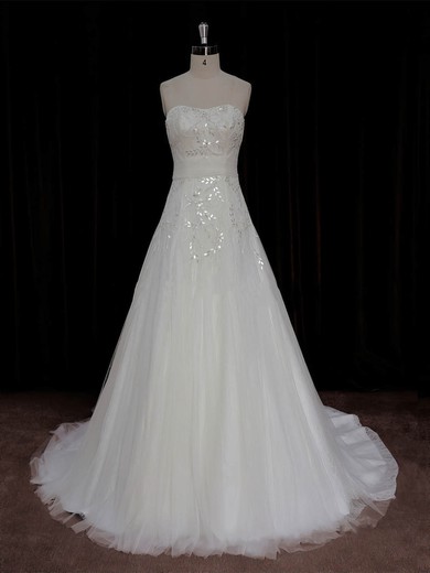 A-line Crystal Detailing Ivory Lace Tulle Court Train Beautiful Wedding Dress #Milly00022006