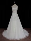 A-line Straight Tulle Sweep Train Wedding Dresses With Appliques Lace #Milly00022006