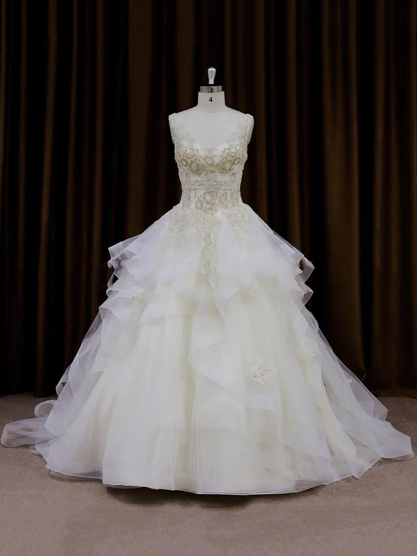 Ball Gown V-neck Organza Chapel Train Wedding Dresses With Cascading Ruffles #Milly00022009