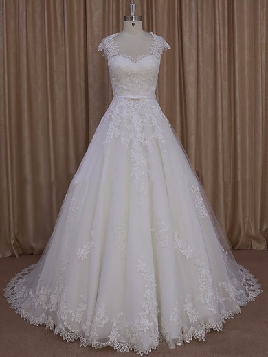 Sweetheart Ivory Tulle Cap Straps Appliques Lace Court Train Wedding Dress #Milly00022010