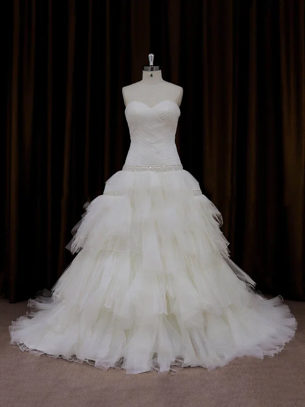 Ball Gown Sweetheart Tulle Chapel Train Wedding Dresses With Tiered #Milly00022011