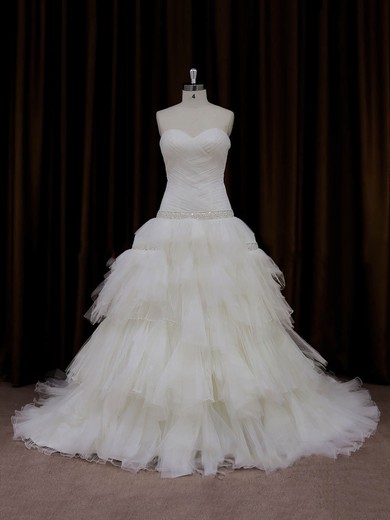 Princess Tulle Tiered Lace-up Chapel Train Ivory Wedding Dresses #Milly00022011