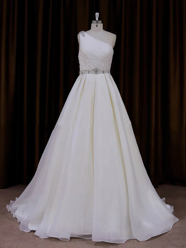 One Shoulder Beading Ivory Organza Sweep Train Fashion Wedding Dress #Milly00022012