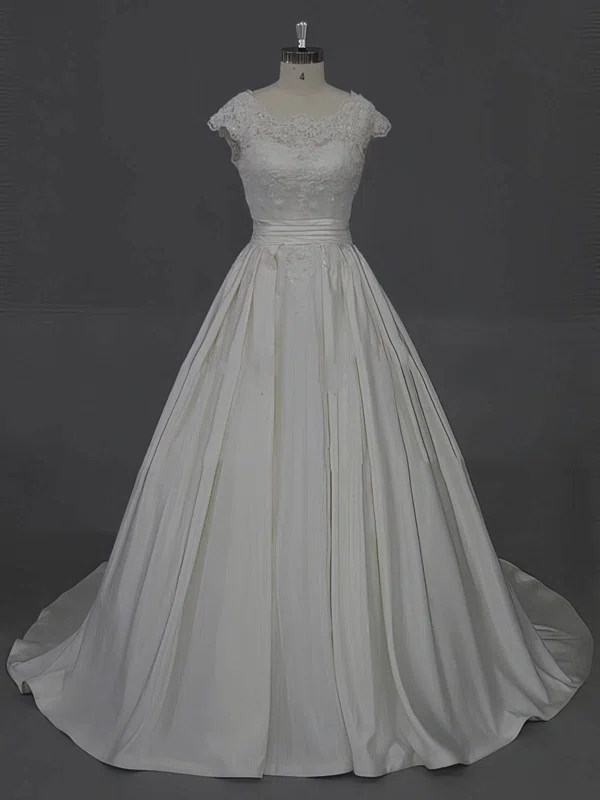 Scoop Neck Appliques Lace Cap Straps Ivory Taffeta Court Train Wedding Dress #Milly00022016