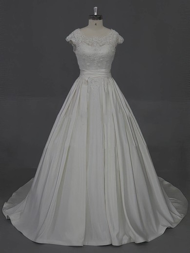 Scoop Neck Appliques Lace Cap Straps Ivory Taffeta Court Train Wedding Dress #Milly00022016