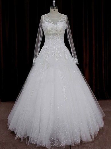 A-line Appliques Lace Ivory Tulle Long Sleeve Chapel Train Wedding Dresses #Milly00022018