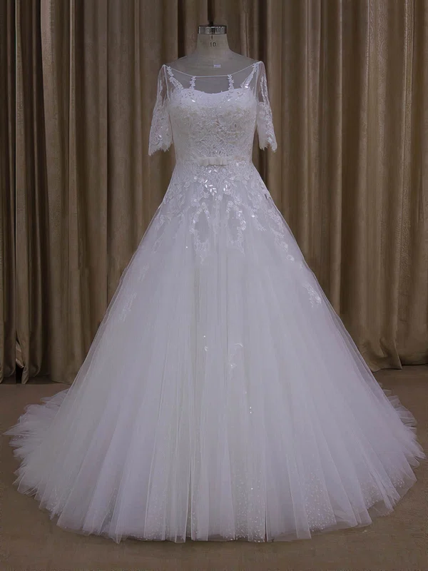 Ball Gown Illusion Tulle Court Train Wedding Dresses With Appliques Lace #Milly00022019
