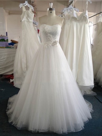 Sweetheart Pearl Detailing White Lace Tulle Court Train Wedding Dress #Milly00022020
