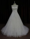 Designer Ivory Tulle Satin Appliques Lace Sweetheart Court Train Wedding Dress #Milly00022023