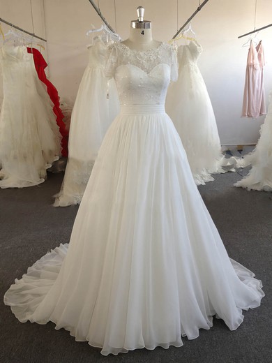 A-line Ivory Chiffon Lace Beading Short Sleeve Scoop Neck Wedding Dresses #Milly00022024