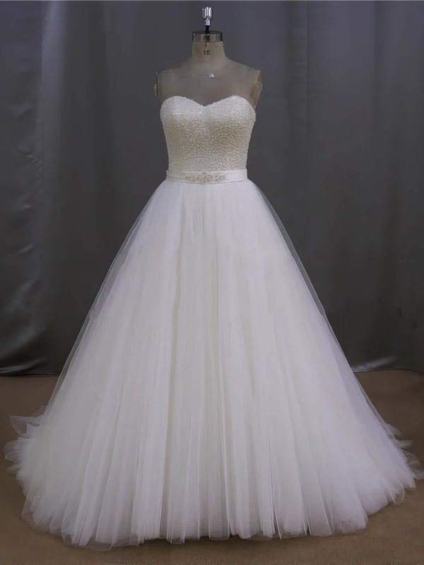 Ball Gown Sweetheart Tulle Sweep Train Wedding Dresses With Sashes / Ribbons #Milly00022026