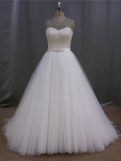 Ivory Tulle Sweetheart Pearl Detailing Lace-up Sweep Train Wedding Dress #Milly00022026