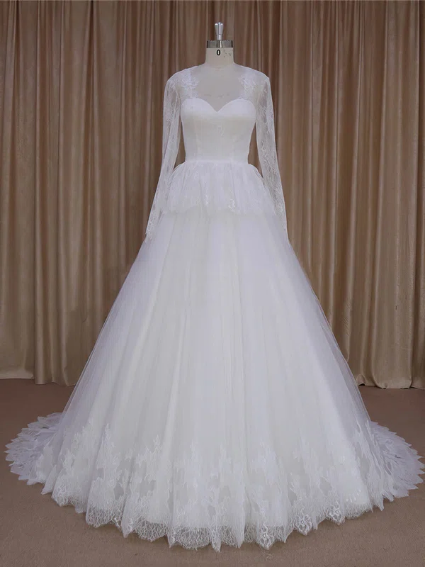 Ball Gown V-neck Tulle Court Train Wedding Dresses With Tiered #Milly00022027