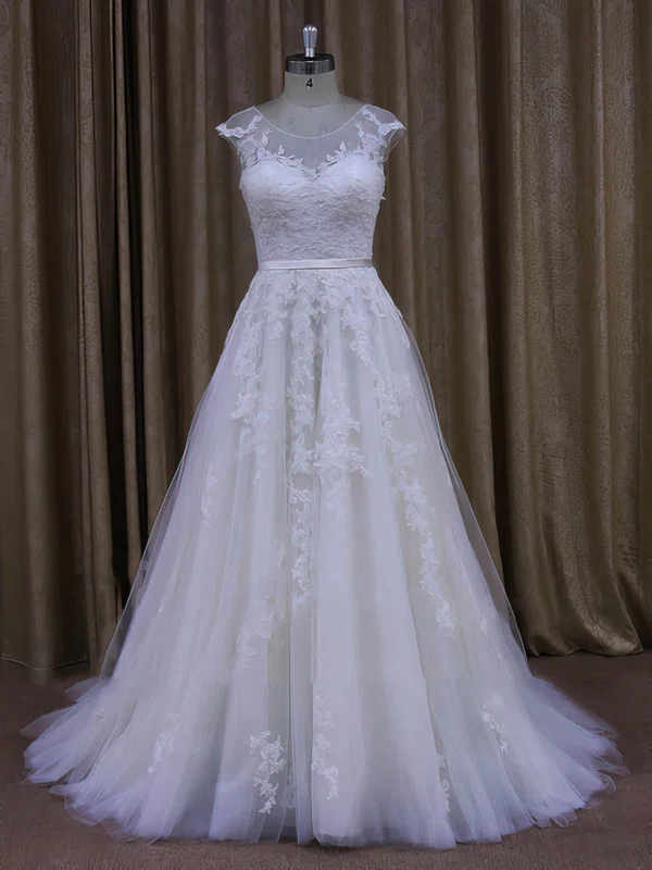 Ball Gown Illusion Tulle Sweep Train Wedding Dresses With Appliques Lace #Milly00022028
