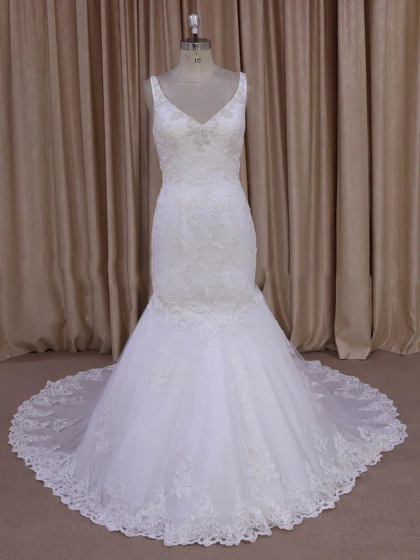 Trumpet/Mermaid V-neck Tulle Sweep Train Wedding Dresses With Appliques Lace #Milly00022030