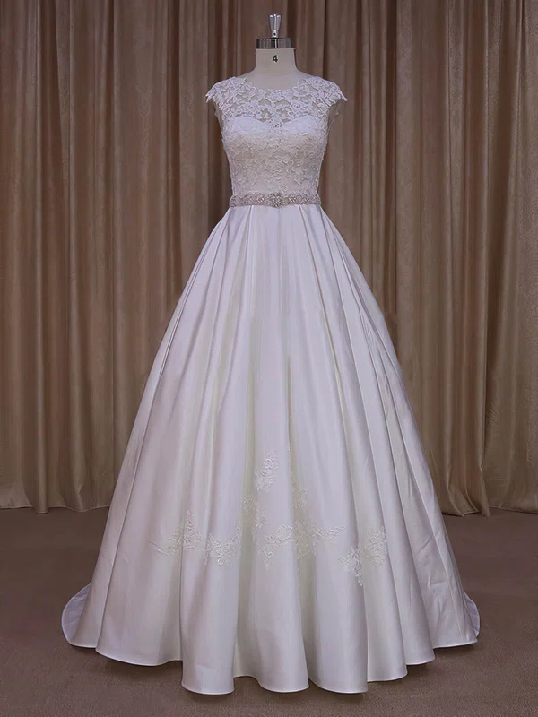 Ball Gown Illusion Satin Sweep Train Wedding Dresses With Sashes / Ribbons #Milly00022031