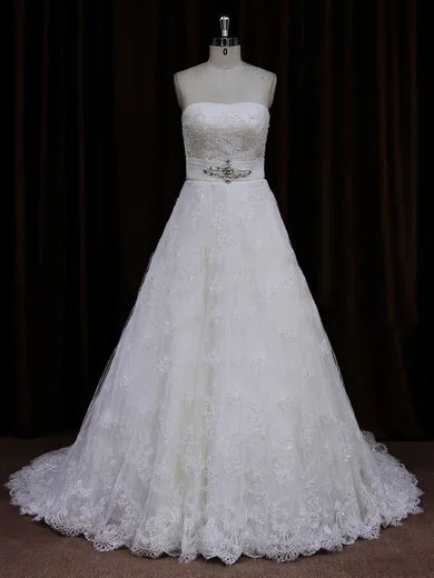 Ball Gown/Princess Straight Lace Sweep Train Wedding Dresses With Sashes / Ribbons #Milly00022032