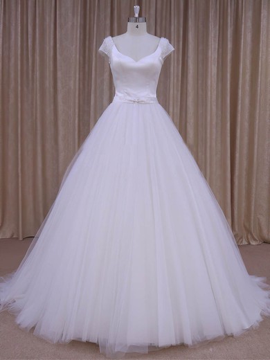 White Satin Tulle Beading Short Sleeve V-neck Open Back Wedding Dresses #Milly00022033
