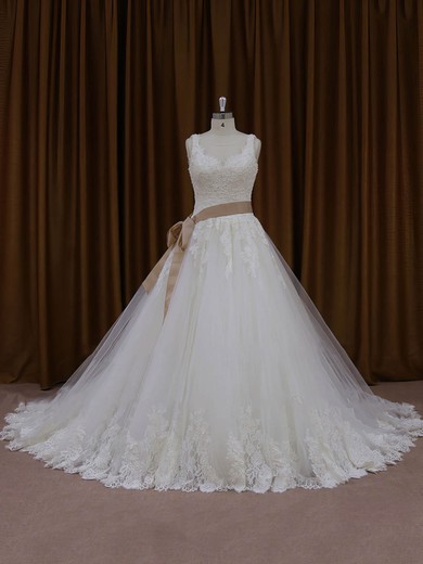 Ball Gown Sweetheart Tulle Chapel Train Wedding Dresses With Sashes / Ribbons #Milly00022035