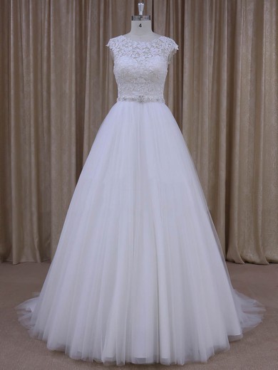 Ball Gown Illusion Tulle Sweep Train Wedding Dresses With Beading #Milly00022036
