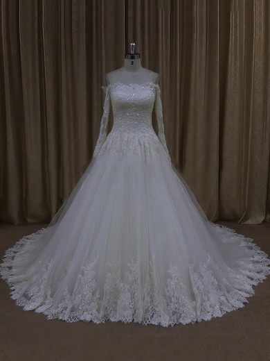 Ball Gown Off-the-shoulder Tulle Chapel Train Wedding Dresses With Appliques Lace #Milly00022037