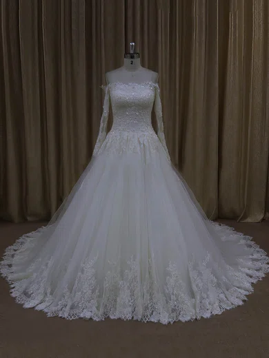 Ball Gown/Princess Off-the-shoulder Tulle Chapel Train Wedding Dresses With Appliques Lace #Milly00022037