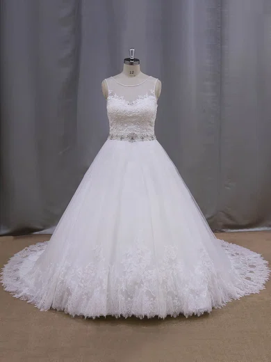 Ball Gown/Princess Illusion Tulle Chapel Train Wedding Dresses With Beading #Milly00022038