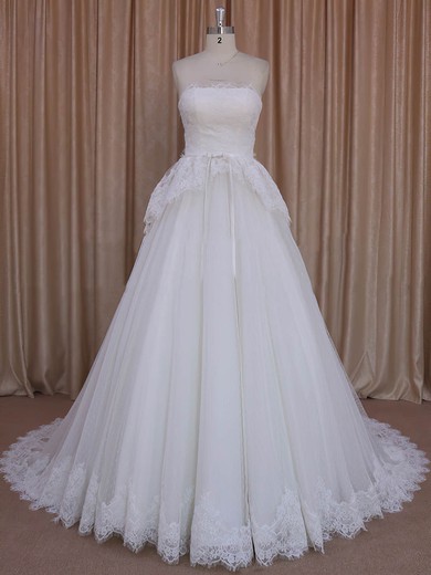 Ball Gown Straight Tulle Court Train Wedding Dresses With Appliques Lace #Milly00022039