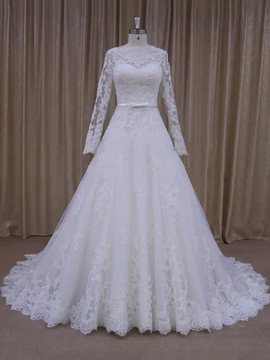 White Long Tulle Illusion Neck Wedding Dress With Sash
