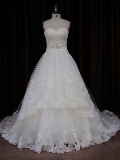 Sweetheart Ivory Princess Tulle Appliques Lace Designer Wedding Dresses #Milly00022041