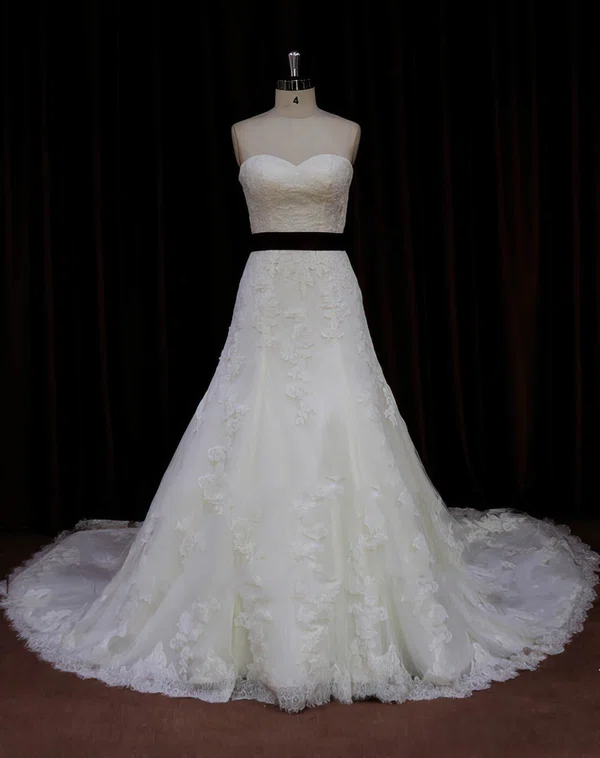 New Sweetheart Lace Tulle Sashes/Ribbons Ivory Cathedral Train Wedding Dresses #Milly00022042